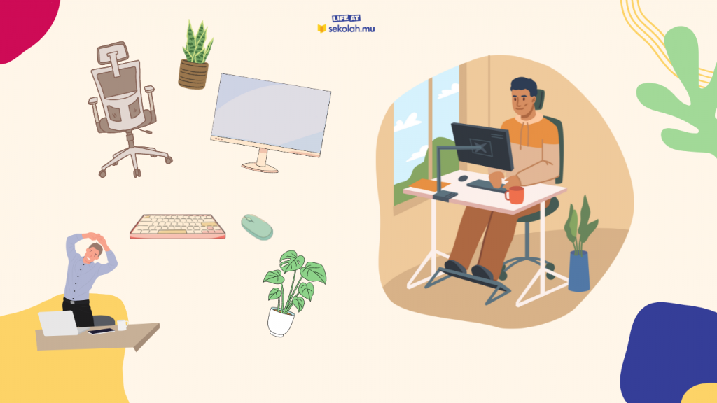 Home office sehat dengan kursi dan meja ergonomis, aksesoris pendukung, dan tanaman hijau